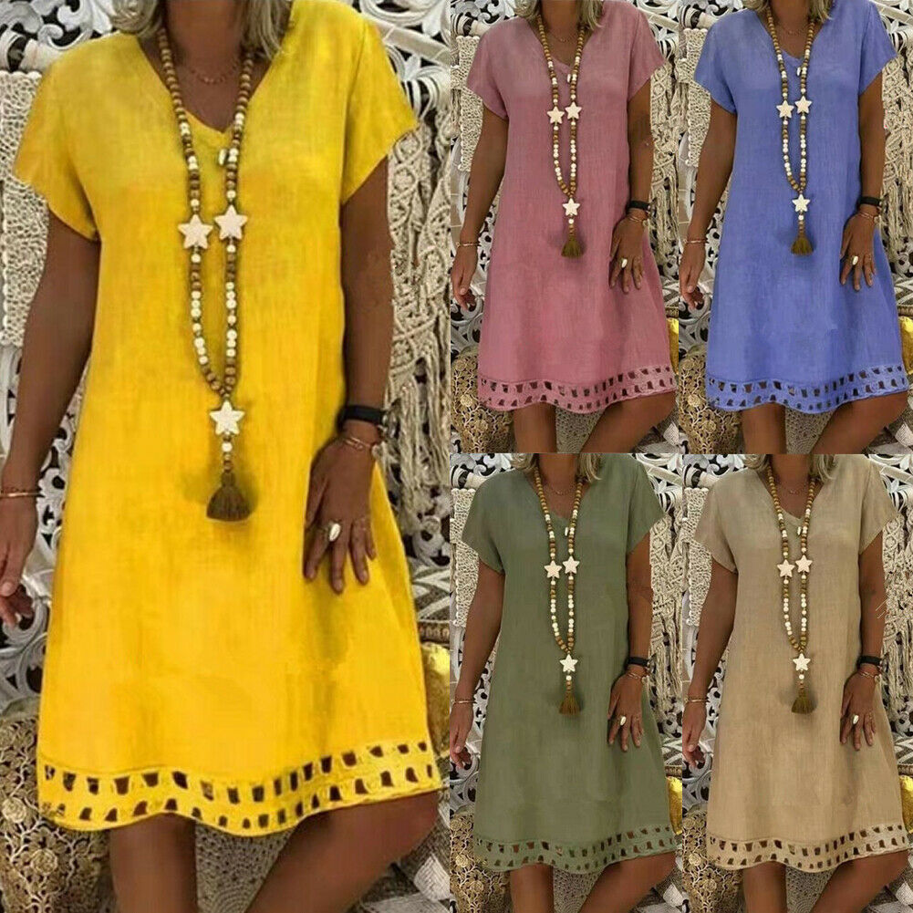 2019 Women's Summer Boho Casual Short Sleeve Evening Party Dresses Plus Size Cotton Linen Solid Color Loose V-neck Beach Dress