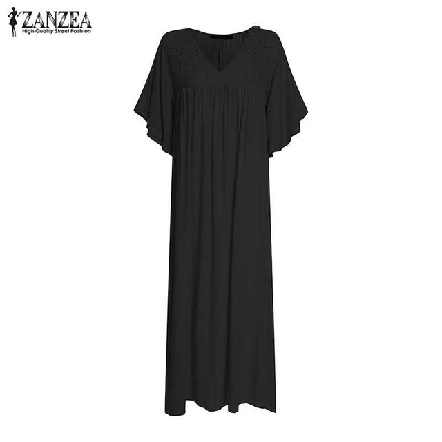 ZANZEA 2020 Bohemian Lace Crochet Maxi Dress Women's Summer Sundress Pleated Half Flare Sleeve Vestidos Plus Size V Neck Robe