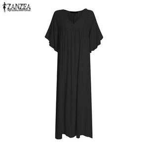 ZANZEA 2020 Bohemian Lace Crochet Maxi Dress Women's Summer Sundress Pleated Half Flare Sleeve Vestidos Plus Size V Neck Robe