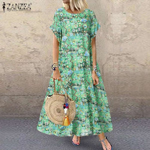 ZANZEA 2020 Women's Maxi Sundress Vintage Summer Printed Dress Casual Short Sleeve Tunic Vestidos Female O Neck Robe Oversized