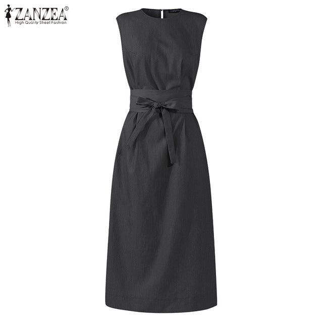 Women's Summer Split Sundress 2020 ZANZEA Fashion Maxi Dress Casual Solid Sarafans Vestidos Belted Solid Robe Femme Plus Size