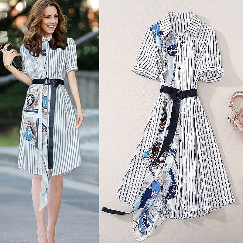 Kate Middleton High-Quality 2020 Summer New Women'S Party Casual Workplace Elegant Chic Striped Print Stitching Fashion Dress