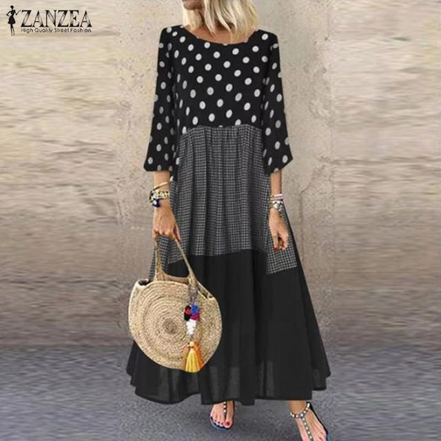 Bohemian Printed Maxi Dress Women's Ruffle Sundress 2020 ZANZEA Casual Sleeveless Polka Dot Tank Vestidos Female Patchwork Robe