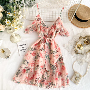 prairie chic a-line print ruffles v-neck spaghetti strap off shoulder knee-length dress Women's Clothing summer fashion