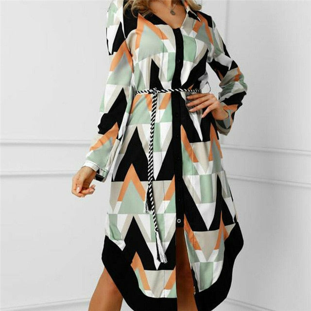 Geometric Casual Stright New Dress Women's Long Shirt Dress Wave Print Long Sleeve Casual Holiday Midi Ladies Dress Hot