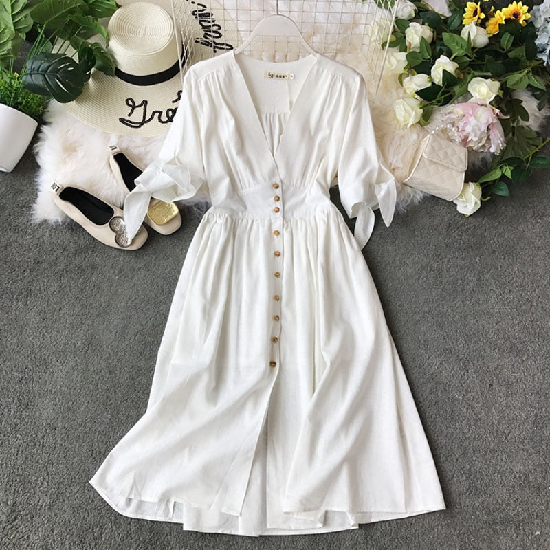 summer women's retro v-neck white waist dress long section cotton linen commuter wind dress fashion chic single-breasted WA422