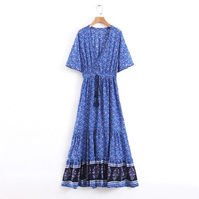 AECU Summer Women Boho Maxi Dress V Neck Casual Vacation Vestido Floral Print Long Dress Plus Size Women's Beach Dress Sundress