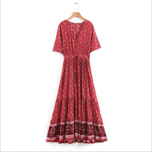 AECU Summer Women Boho Maxi Dress V Neck Casual Vacation Vestido Floral Print Long Dress Plus Size Women's Beach Dress Sundress