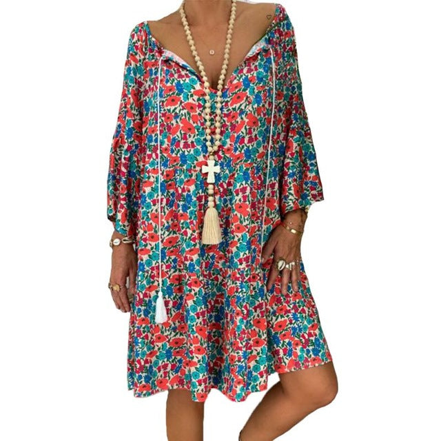 Summer Women Boho Floral Long Sleeve Dress Holiday Beach Shirt Dress Ladies Print Mini Dress Plus Size S-5XL