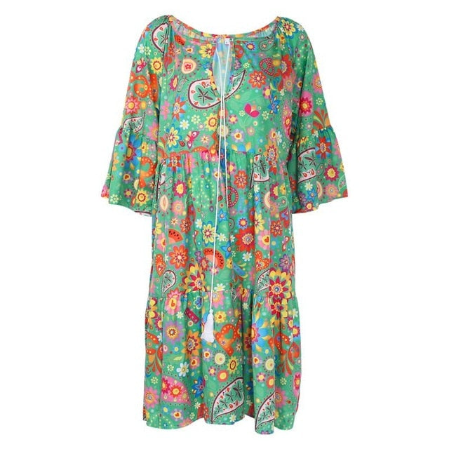 Summer Women Boho Floral Long Sleeve Dress Holiday Beach Shirt Dress Ladies Print Mini Dress Plus Size S-5XL