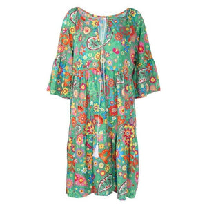 Summer Women Boho Floral Long Sleeve Dress Holiday Beach Shirt Dress Ladies Print Mini Dress Plus Size S-5XL