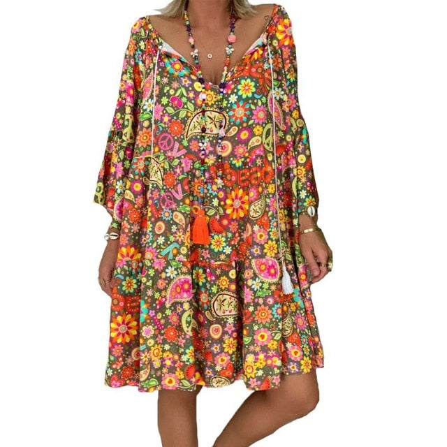 Summer Women Boho Floral Long Sleeve Dress Holiday Beach Shirt Dress Ladies Print Mini Dress Plus Size S-5XL