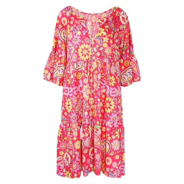 Summer Women Boho Floral Long Sleeve Dress Holiday Beach Shirt Dress Ladies Print Mini Dress Plus Size S-5XL