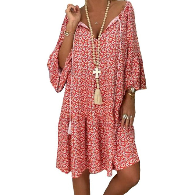 Summer Women Boho Floral Long Sleeve Dress Holiday Beach Shirt Dress Ladies Print Mini Dress Plus Size S-5XL