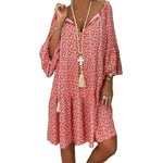 Summer Women Boho Floral Long Sleeve Dress Holiday Beach Shirt Dress Ladies Print Mini Dress Plus Size S-5XL