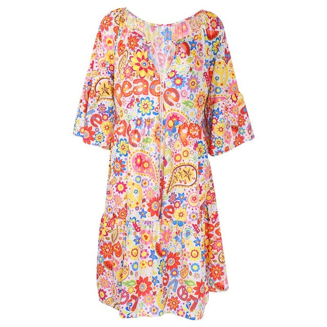 Summer Women Boho Floral Long Sleeve Dress Holiday Beach Shirt Dress Ladies Print Mini Dress Plus Size S-5XL