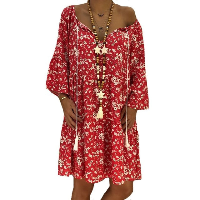 Summer Women Boho Floral Long Sleeve Dress Holiday Beach Shirt Dress Ladies Print Mini Dress Plus Size S-5XL