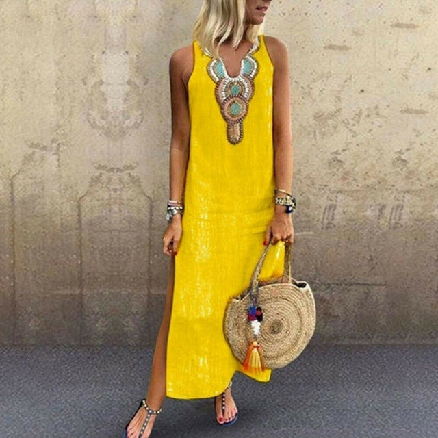 Laamei 2020 Summer Women's Long Dresse Fashion Casual Sleevelesss Maxi Dress Sundress V-Neck Party Dress Bohemian Dress Vestido