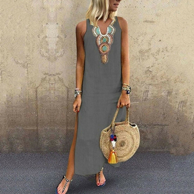 Laamei 2020 Summer Women's Long Dresse Fashion Casual Sleevelesss Maxi Dress Sundress V-Neck Party Dress Bohemian Dress Vestido