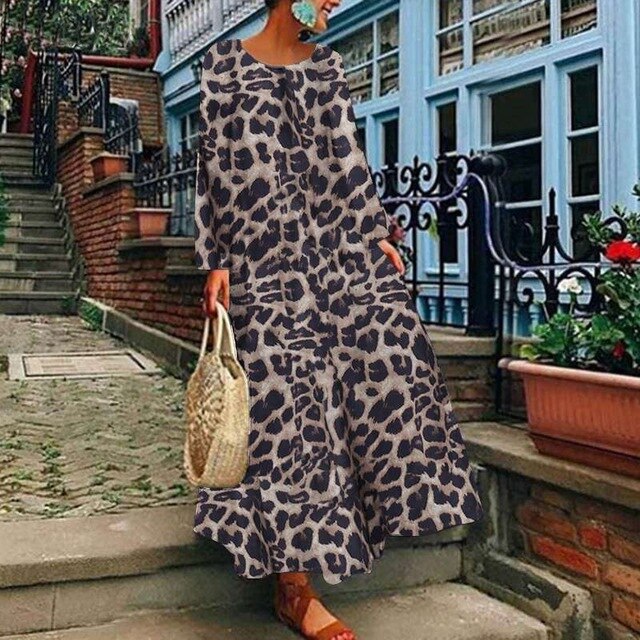 Sexy Leopard Printed Maxi Dress Women's Spring Sundress ZANZEA Casual Long Sleeve Tunic Vestidos Female O Neck Robe Plus Size