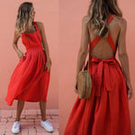 2020 Summer Sexy Dress Women's Backless Cross Drawstring Beach Dresses O-neck Strap Sexy Red Vintage Sundress Women Femal.