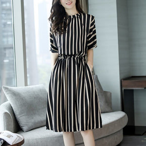 Fashion Women's New Elegant Striped Retro Dress Vertical Stripes Dress Female Summer Korean version