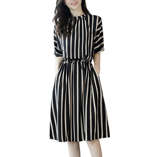 Fashion Women's New Elegant Striped Retro Dress Vertical Stripes Dress Female Summer Korean version