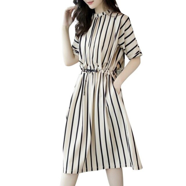 Fashion Women's New Elegant Striped Retro Dress Vertical Stripes Dress Female Summer Korean version