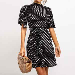 Dress Girl Polka Dot Dress Women's Summer Fashion Dress Polka Dot Print High Neck Lace Up Short Sleeve Chiffon Dress