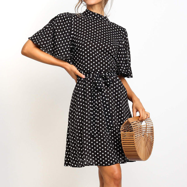 Dress Girl Polka Dot Dress Women's Summer Fashion Dress Polka Dot Print High Neck Lace Up Short Sleeve Chiffon Dress