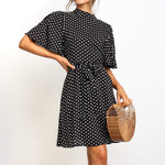 Dress Girl Polka Dot Dress Women's Summer Fashion Dress Polka Dot Print High Neck Lace Up Short Sleeve Chiffon Dress