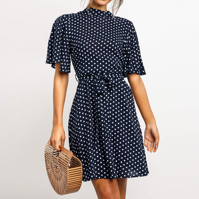 Dress Girl Polka Dot Dress Women's Summer Fashion Dress Polka Dot Print High Neck Lace Up Short Sleeve Chiffon Dress