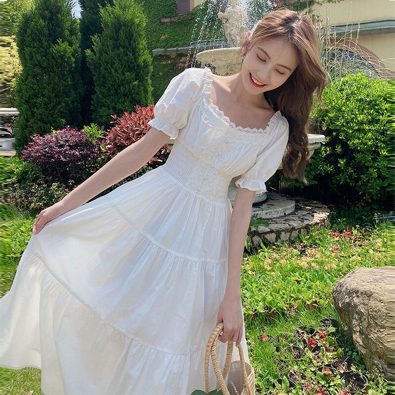 Summer women's short-sleeved bubble sleeve square collar long dress fashion high waist purple white women's elegant dress X364