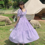 Summer women's short-sleeved bubble sleeve square collar long dress fashion high waist purple white women's elegant dress X364